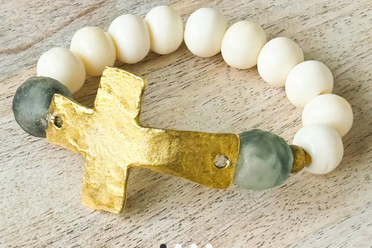 Bone And Blue Glass Cross Bracelet