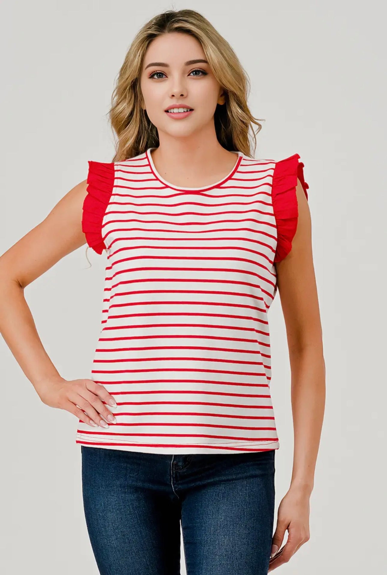 Sleeveless Red And White Striped