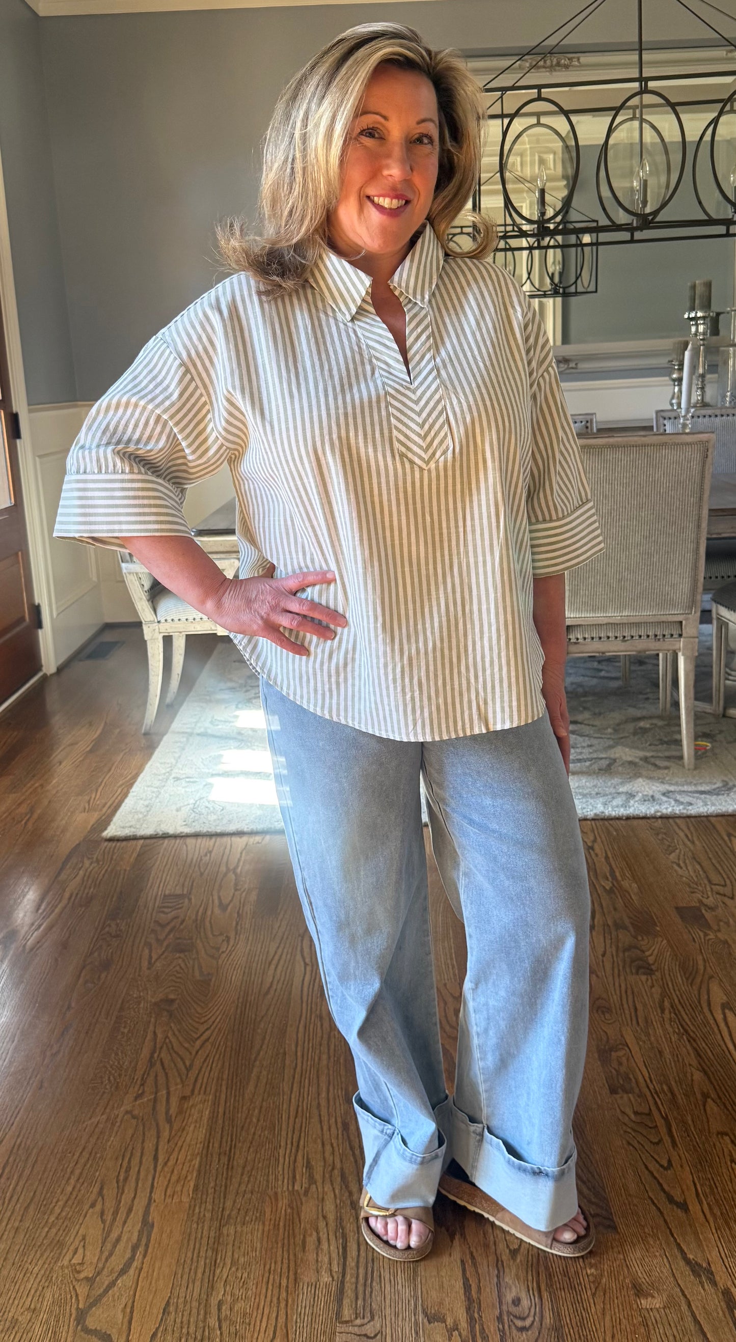Light Green And White Striped Shirt